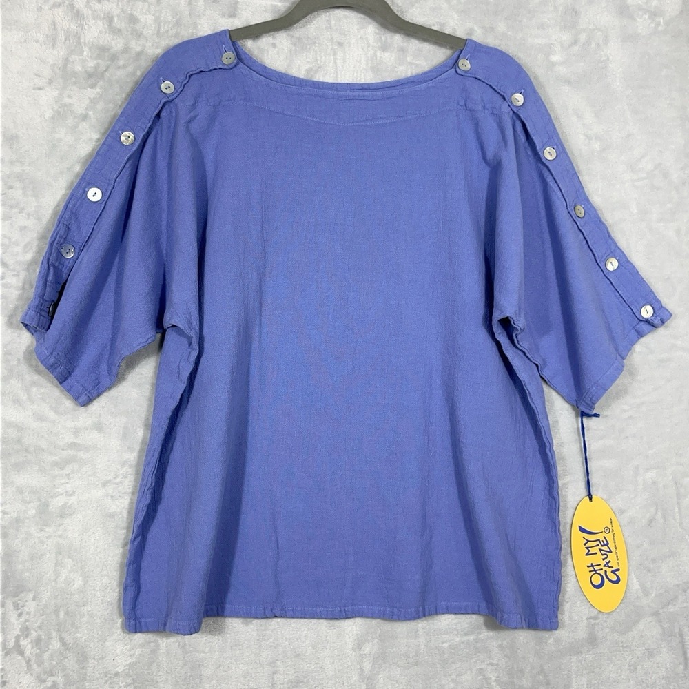 Oh My Gauze Top New Womens 2 L/XL Blue Boxy Cotton Loose Fit Casual Coastal